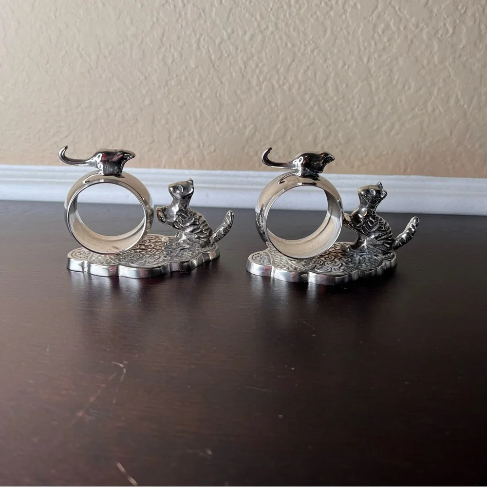 Vintage Cat and Mouse Napkin Rings Pair, Fine Dining, Silver Tone, Thanksgiving